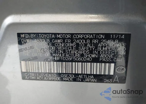 2015 Lexus Is 250 z USA, uszkodzony, nr VIN JTHBF1D26F5060240